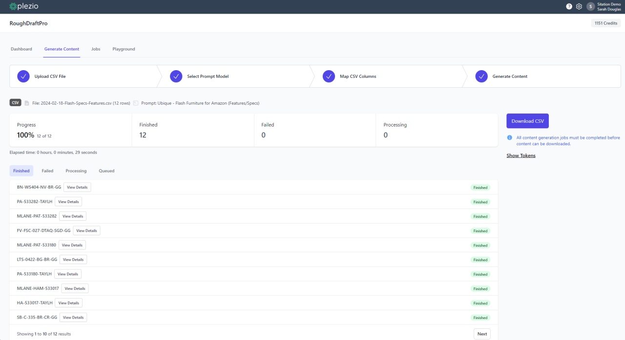 A screenshot of a completed CSV workflow within RoughDraftPro.